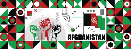 Flag and map of Afghanistan with raised fists. National day or Independence day design for Counrty celebration. Modern retro design with abstract icons. vector