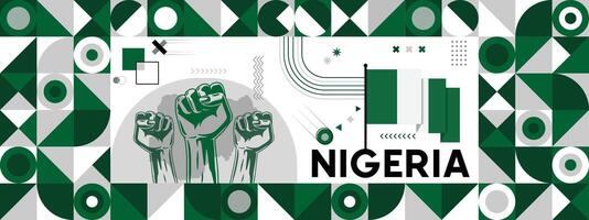 Flag and map of Nigeria with raised fists. National day or Independence day design for Counrty celebration. Modern retro design with abstract icons. vector