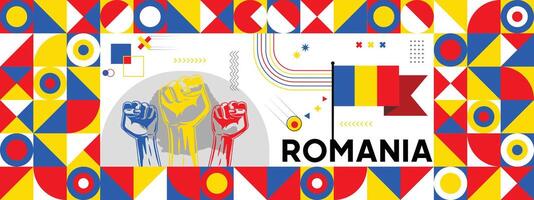 Flag and map of Romania with raised fists. National day or Independence day design for Counrty celebration. Modern retro design with abstract icons. vector