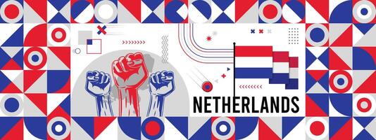 Flag and map of Netherlands with raised fists. National day or Independence day design for Counrty celebration. Modern retro design with abstract icons. vector