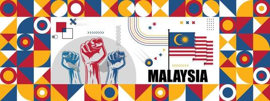 Flag and map of Malasia with raised fists. National day or Independence day design for Counrty celebration. Modern retro design with abstract icons. vector