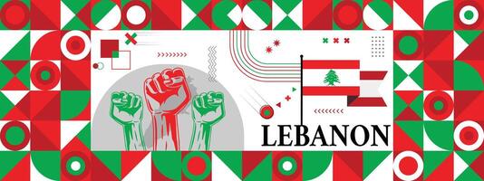 Flag and map of Lebanon with raised fists. National day or Independence day design for Counrty celebration. Modern retro design with abstract icons. vector