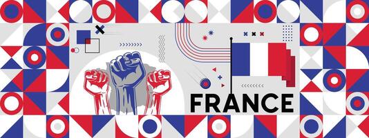 Flag and map of France with raised fists. National day or Independence day design for Counrty celebration. Modern retro design with abstract icons. illustration. vector