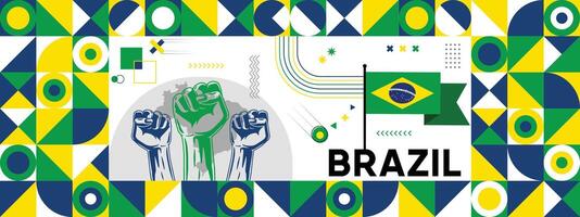 Flag and map of Brazil with raised fists. National day or Independence day design for Counrty celebration. Modern retro design with abstract icons. vector