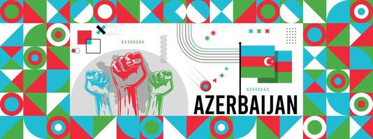 Flag and map of Azerbaijan with raised fists. National day or Independence day design for Counrty celebration. Modern retro design with abstract icons. vector