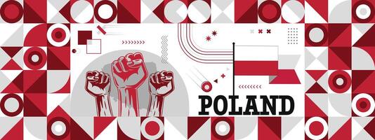 Flag and map of Poland with raised fists. National day or Independence day design for Counrty celebration. Modern retro design with abstract icons. vector