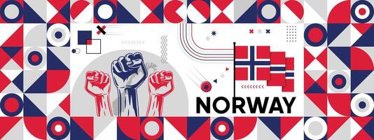 Flag and map of Norway with raised fists. National day or Independence day design for Counrty celebration. Modern retro design with abstract icons. vector