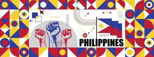 bandera y mapa de Filipinas con elevado puños nacional día o independencia día diseño para país celebracion. moderno retro diseño con resumen iconos vector