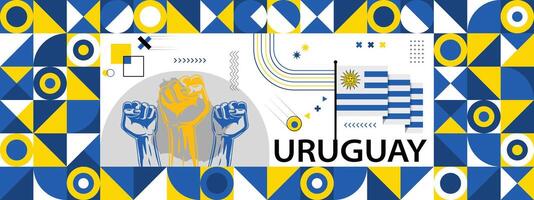 Flag and map of Uruguay with raised fists. National day or Independence day design for Counrty celebration. Modern retro design with abstract icons. vector