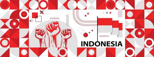 Flag and map of Indonesia with raised fists. National day or Independence day design for Counrty celebration. Modern retro design with abstract icons. vector