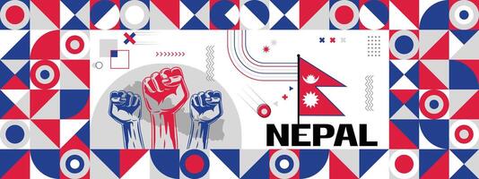 Flag and map of Nepal with raised fists. National day or Independence day design for Counrty celebration. Modern retro design with abstract icons. vector