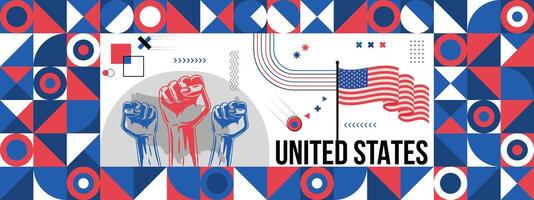 Flag and map of United States with raised fists. National day or Independence day design for Counrty celebration. Modern retro design with abstract icons. vector