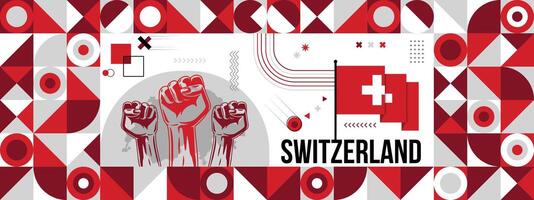 Flag and map of Switzerland with raised fists. National day or Independence day design for Counrty celebration. Modern retro design with abstract icons. vector