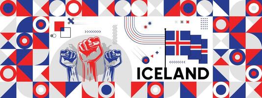 Flag and map of Iceland with raised fists. National day or Independence day design for Counrty celebration. Modern retro design with abstract icons. vector