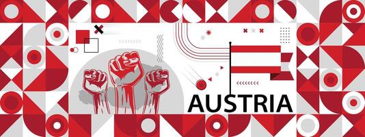 Flag and map of Austria with raised fists. National day or Independence day design for Counrty celebration. Modern retro design with abstract icons. vector