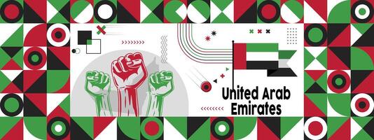 Flag and map of United Arab Emirates with raised fists. National day or Independence day design for Counrty celebration. Modern retro design with abstract icons. vector