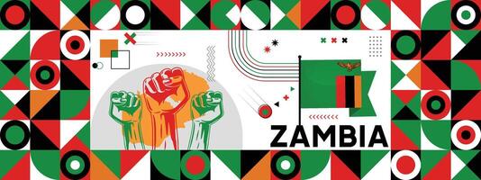 Flag and map of Zambia with raised fists. National day or Independence day design for Counrty celebration. Modern retro design with abstract icons. vector