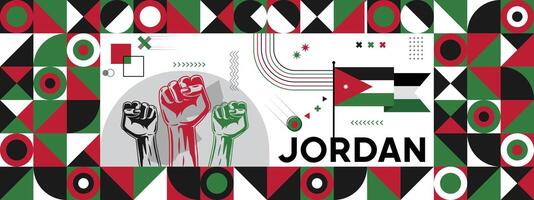 Flag and map of Jordan with raised fists. National day or Independence day design for Counrty celebration. Modern retro design with abstract icons. vector