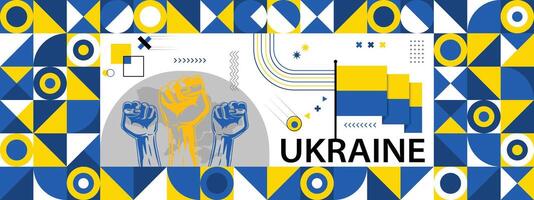 Flag and map of Ukraine with raised fists. National day or Independence day design for Counrty celebration. Modern retro design with abstract icons. vector