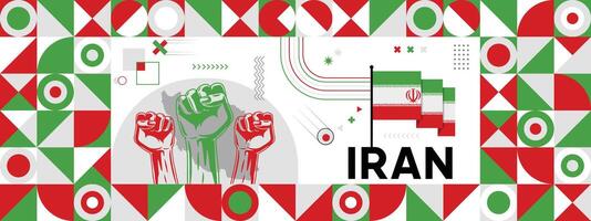 Flag and map of Iran with raised fists. National day or Independence day design for Counrty celebration. Modern retro design with abstract icons. vector