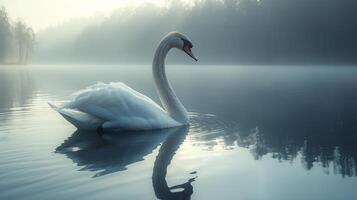 blanco cisne flotante en cuerpo de agua foto