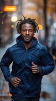 Man Running Down a Street in a Blue Shirt photo