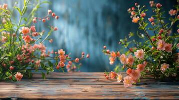 de madera mesa cubierto con rosado flores foto