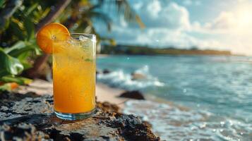 Glass of Orange Juice on Top of a Rock photo