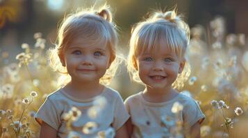 Two Little Girls Standing in a Field of Tall Grass photo