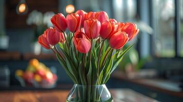 Vase Filled With Red Flowers on Table photo