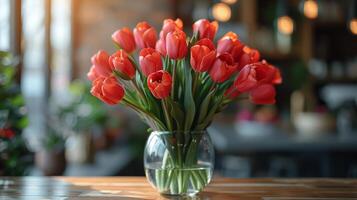 Vase Filled With Red Flowers on Table photo