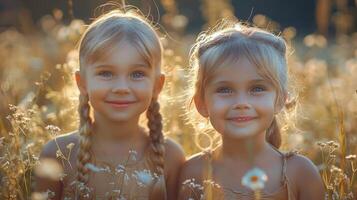 Two Little Girls Standing in a Field of Tall Grass photo