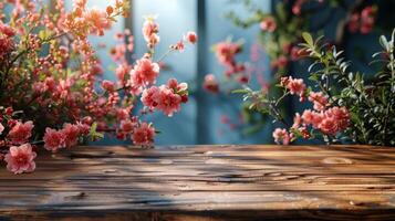 de madera mesa cubierto con rosado flores foto