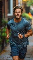 hombre corriendo abajo un calle en un azul camisa foto