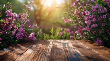 de madera mesa cubierto con rosado flores foto