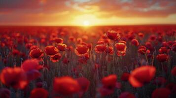 Field of Red Flowers With Sun in Background photo