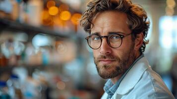 Man With Glasses Standing in Front of Bottles photo