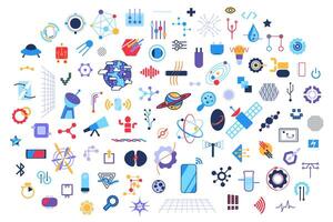 Collection of abstract techno elements, hand drawn big data devices. Modern high tech tools for studying, research and communication. Cartoon flat icons isolated on white background vector