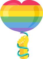 plano arco iris corazón conformado globo en mano icono vector