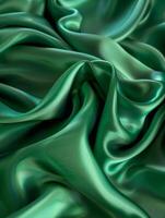 Luxurious emerald green satin fabric with sumptuous folds and waves, exhibiting a rich sheen and fluid drape. photo