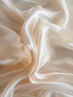 Ivory white satin fabric falling in graceful waves, the luxuriant folds catching the light in a luminous display. photo