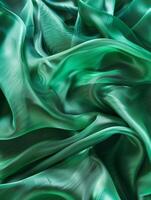 Luxurious emerald green satin fabric with sumptuous folds and waves, exhibiting a rich sheen and fluid drape. photo