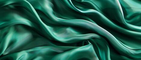 Smooth emerald green satin fabric draped in languorous waves, emphasizing the sleek and sumptuous look of the high-quality textile. photo