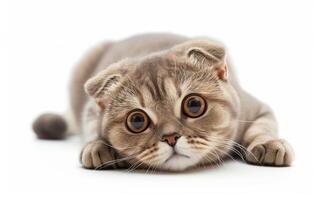 Adorable grey Scottish Fold kitten with big eyes, laying down and looking directly at the camera, isolated on white background. photo