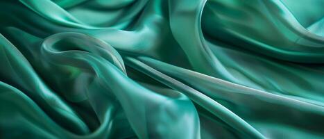 Smooth emerald green satin fabric draped in languorous waves, emphasizing the sleek and sumptuous look of the high-quality textile. photo