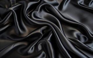 Dramatic folds and ripples of inky black satin fabric, exuding a sleek and mysterious allure with the shimmering textile. photo