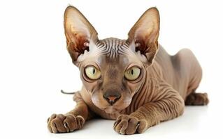 de cerca de un sphynx gatito con grande ojos, arrugado piel, y grande orejas, acostado en un blanco superficie. foto