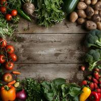 Assortment of fresh vegetables and fruits on rustic wooden background from above. photo