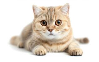 Adorable grey Scottish Fold kitten with big eyes, laying down and looking directly at the camera, isolated on white background. photo