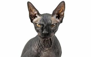 Close-up portrait of a Sphynx cat with large ears, green eyes, and wrinkled skin against a white background. photo